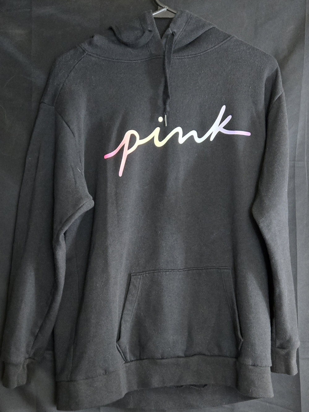 PINK Victoria's Secret by Victoria's Secret Black Hoodie with Rainbow Script#559